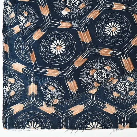 Antique indigo katazome dyed cotton with bengala red accent, chrysanthemum and Kikko tortoiseshell pattern.