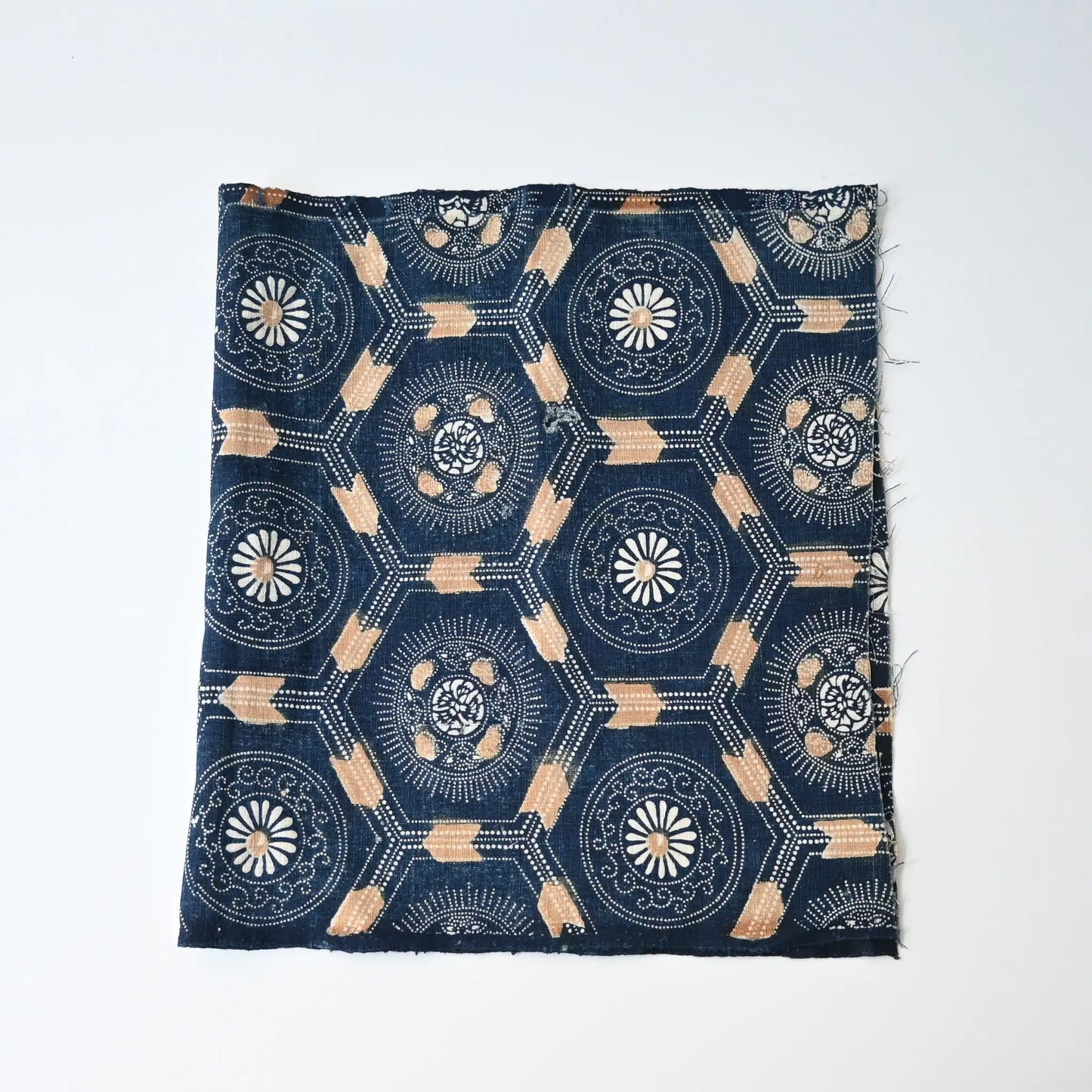 Antique indigo katazome dyed cotton with bengala red accent, chrysanthemum and Kikko tortoiseshell pattern.