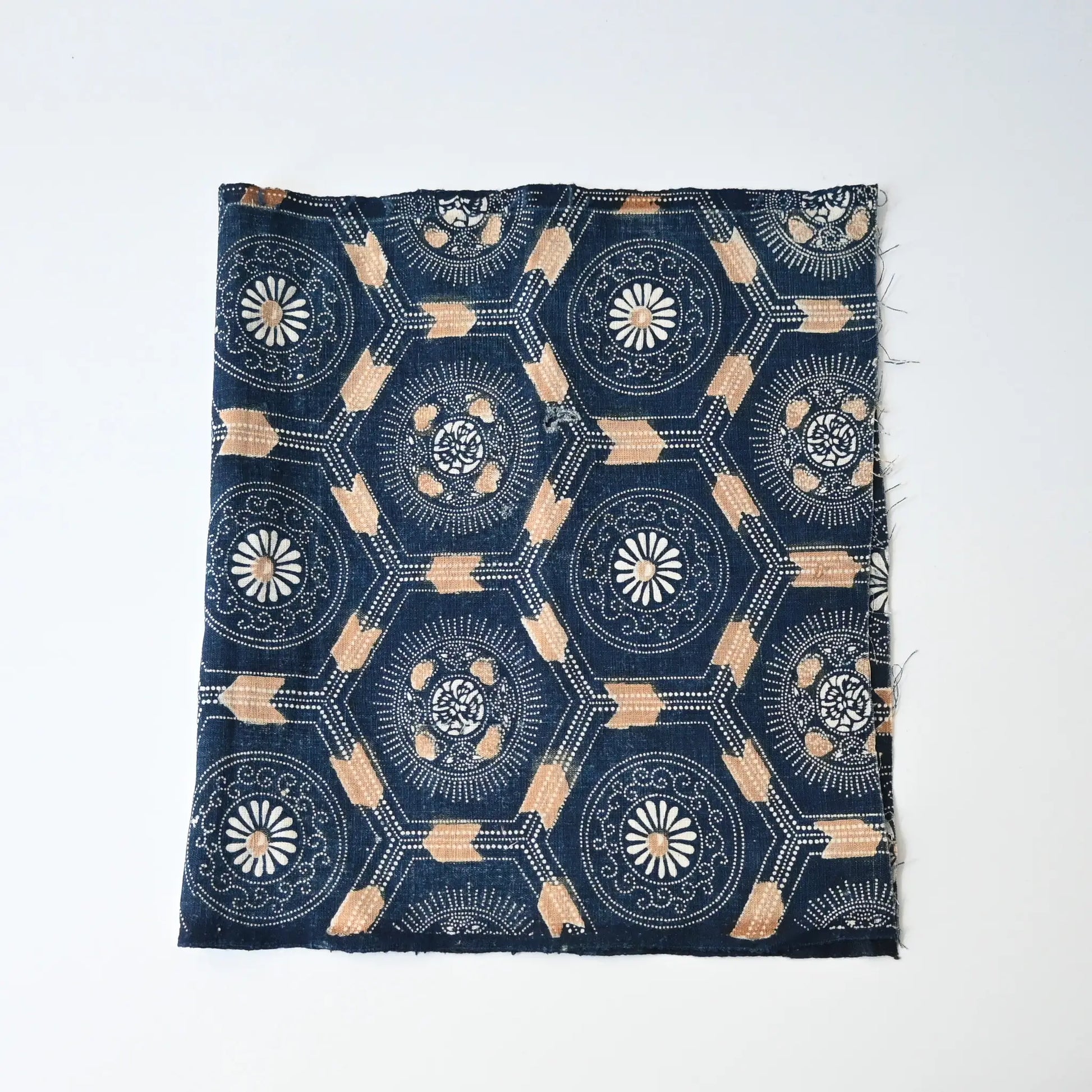 Antique indigo katazome dyed cotton with bengala red accent, chrysanthemum and Kikko tortoiseshell pattern.