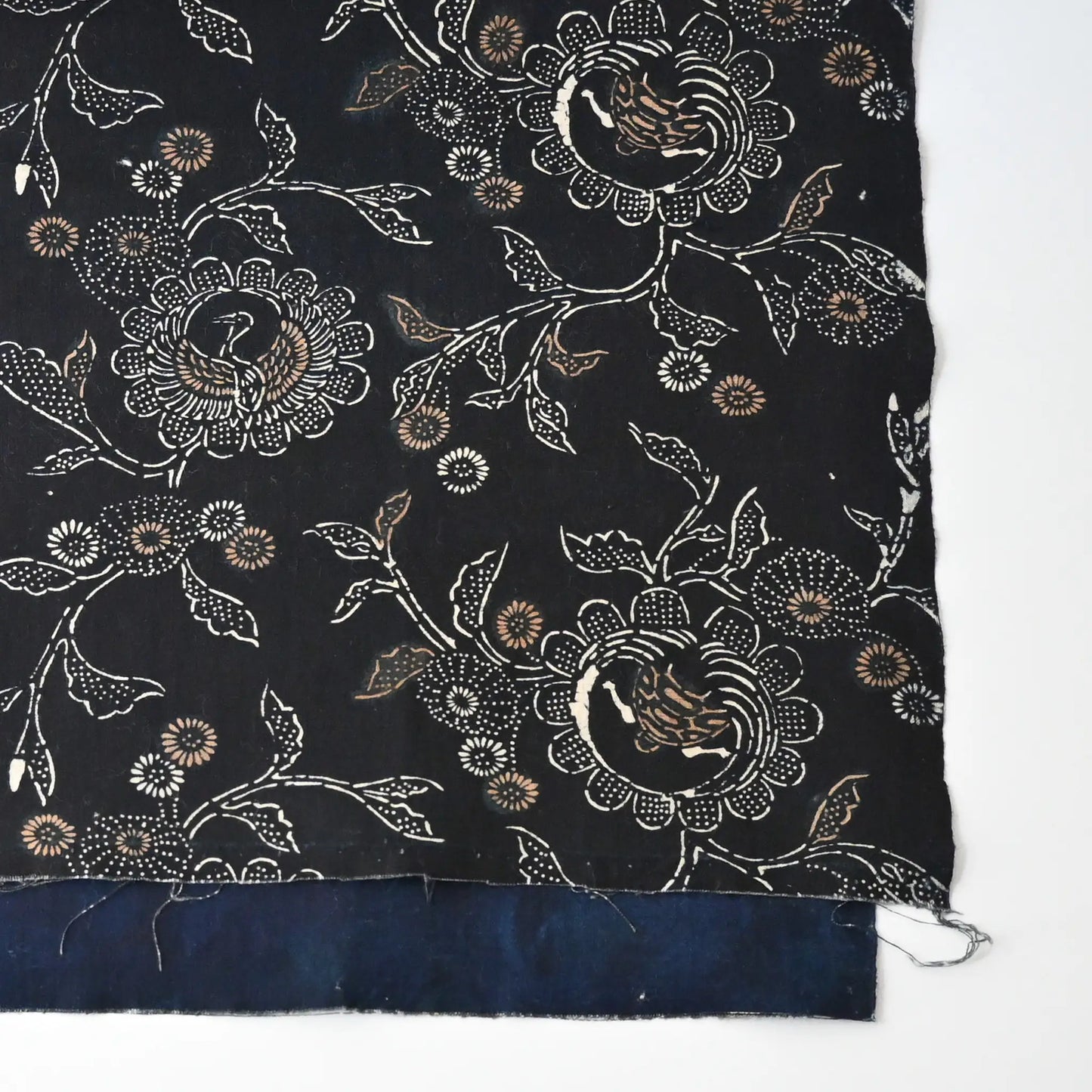 Close-up view of antique indigo katazome cotton with crane, tortoise and chrysanthemum motif from early 20th century.