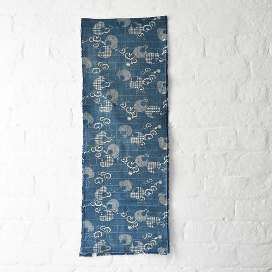 Full view of rare antique indigo Katazome stencil died cotton with a delicate snowflake motif.