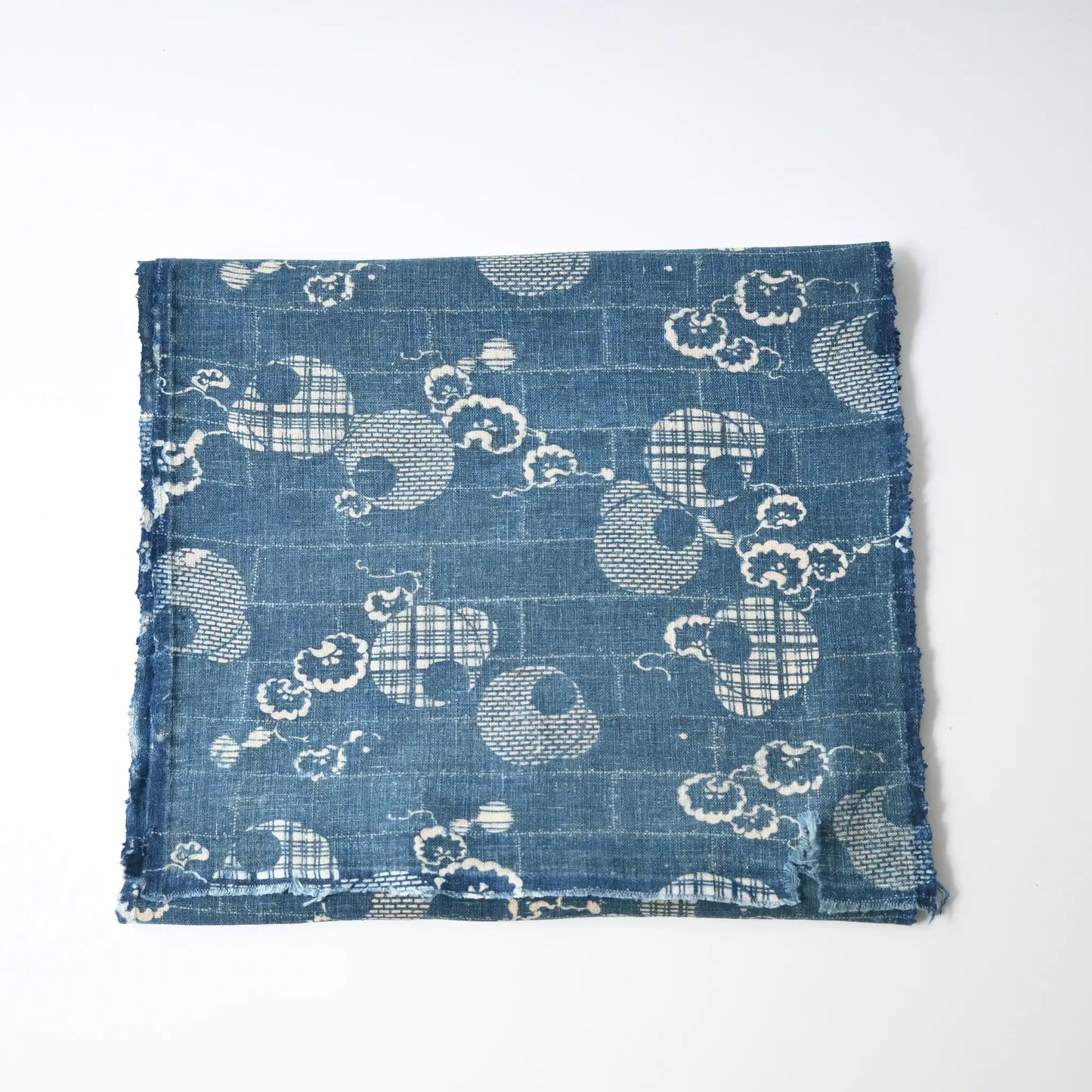 Rare antique indigo Katazome stencil died cotton with a delicate snowflake motif, beautifully aged.