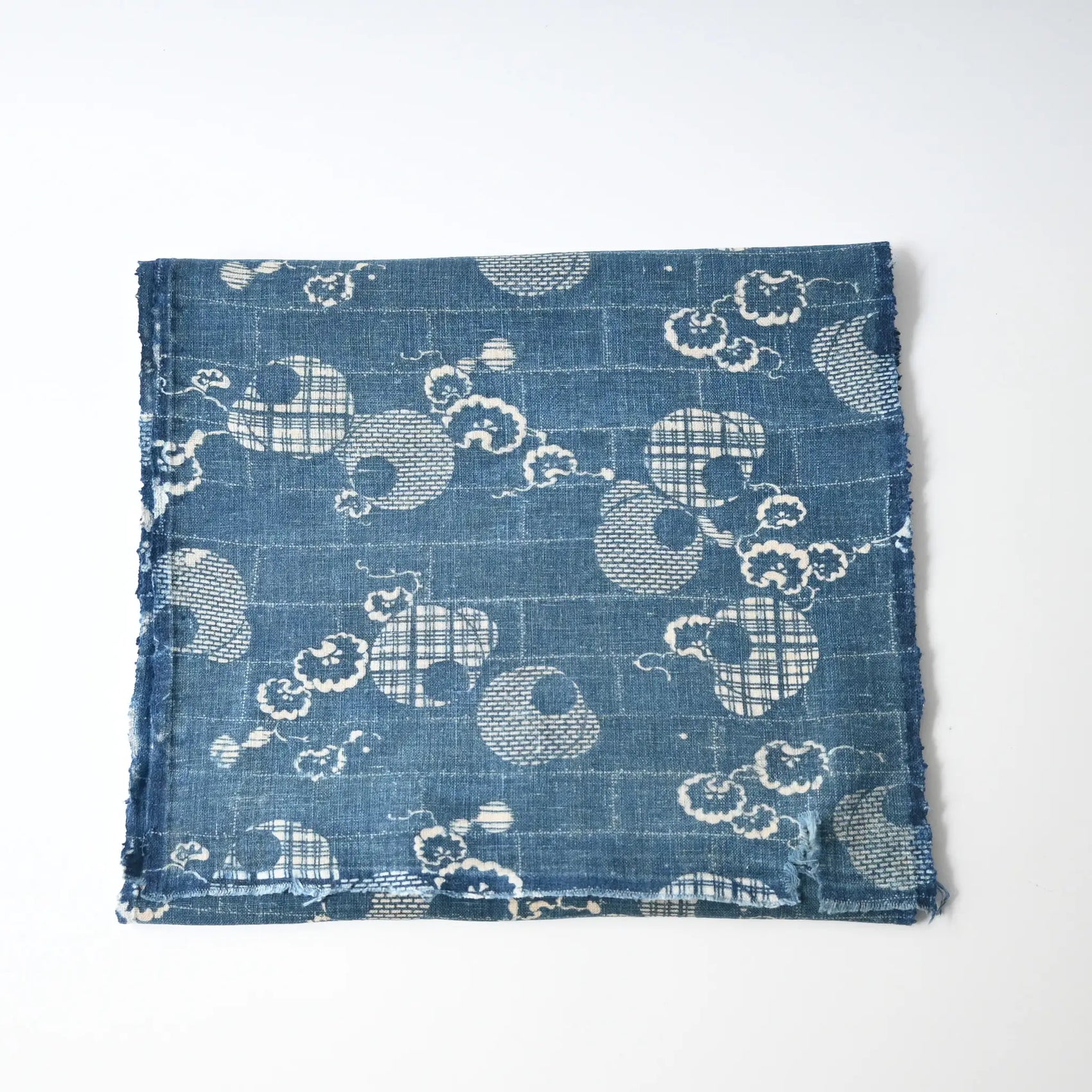 Rare antique indigo Katazome stencil died cotton with a delicate snowflake motif, beautifully aged.