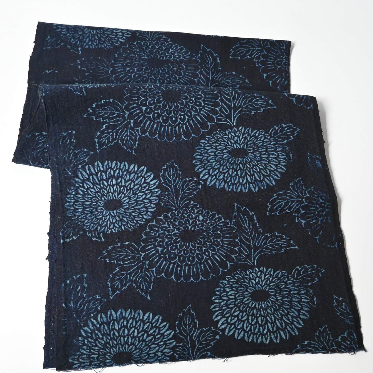 Antique indigo katazome dyed cotton futon cover panel with chrysanthemum motif.