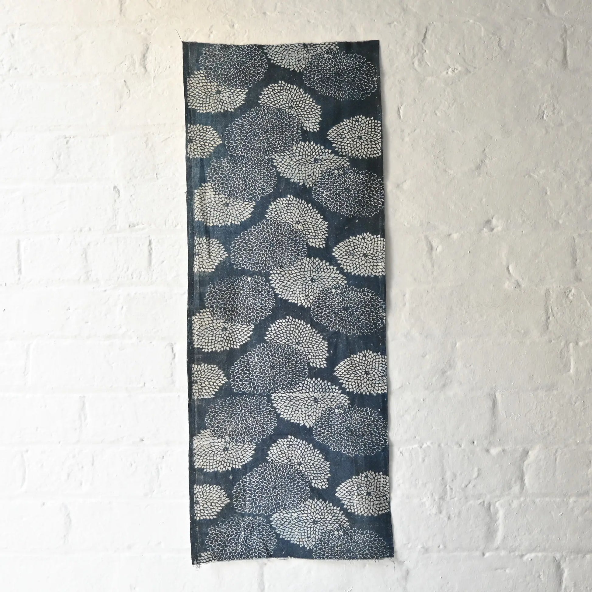 Full view of antique indigo Katazome dyed cotton with chrysanthemum pattern from the early 20th century.