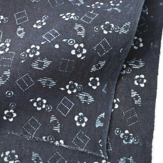Close-up view of antique indigo katazome dyed cotton with fine dots and lines, and plum blossoms, early 20th century.