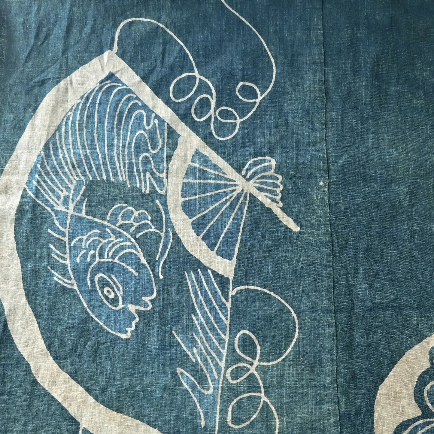 Detailed view of rare antique indigo tsutsugaki-dyed cotton futon cover with tea ceremony utensils motif. 