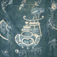 Full view of rare antique indigo tsutsugaki-dyed cotton futon cover with tea ceremony utensils motif. 
