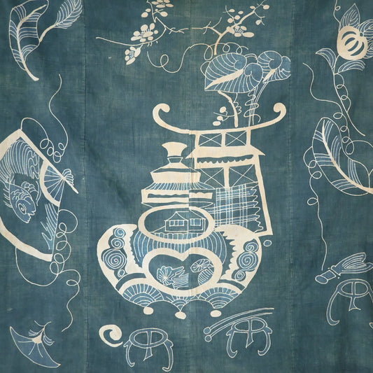 Full view of rare antique indigo tsutsugaki-dyed cotton futon cover with tea ceremony utensils motif. 