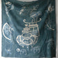 Full view of rare antique indigo tsutsugaki-dyed cotton futon cover with tea ceremony utensils motif. 