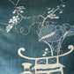 Detailed view of rare antique indigo tsutsugaki-dyed cotton futon cover with tea ceremony utensils motif. 