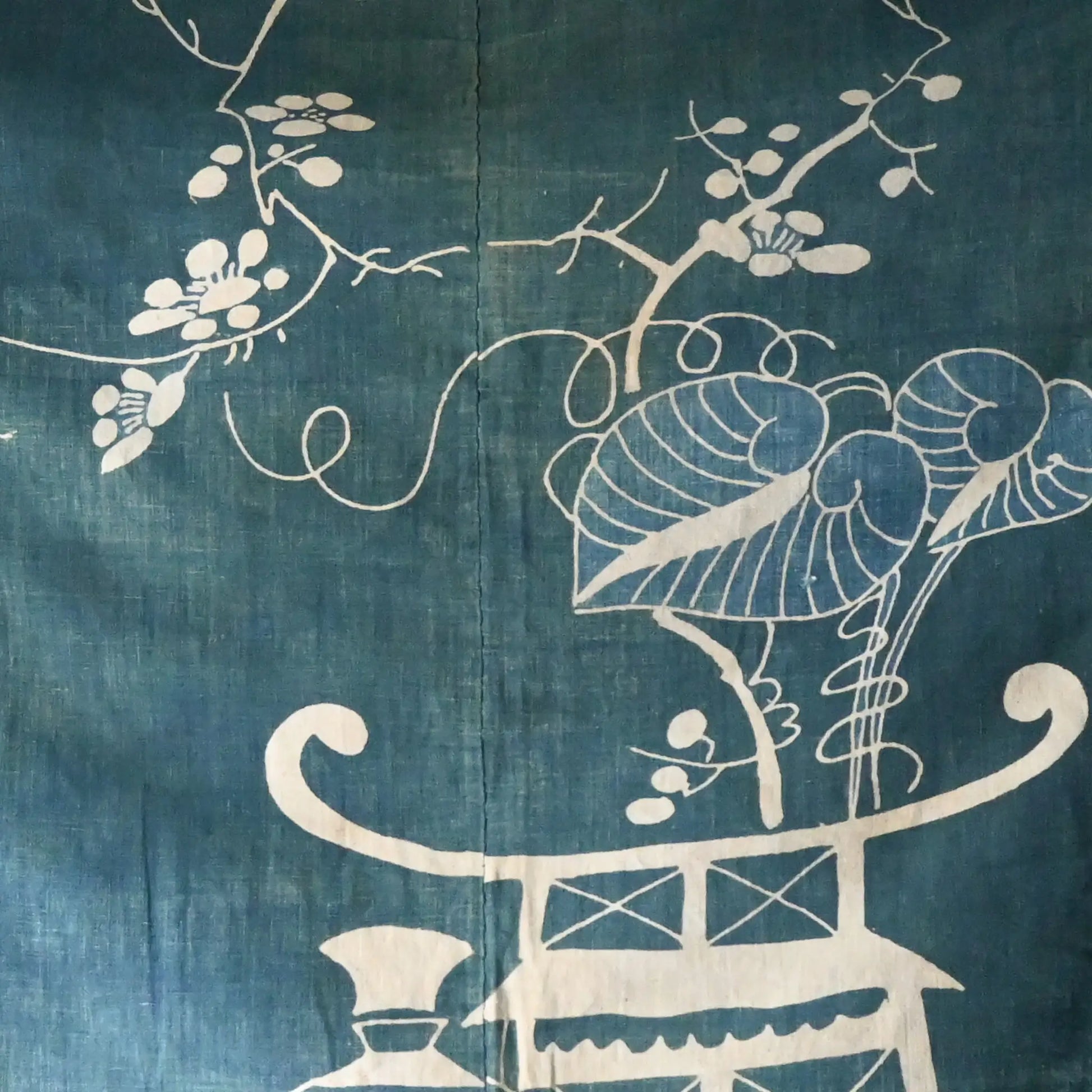 Detailed view of rare antique indigo tsutsugaki-dyed cotton futon cover with tea ceremony utensils motif. 