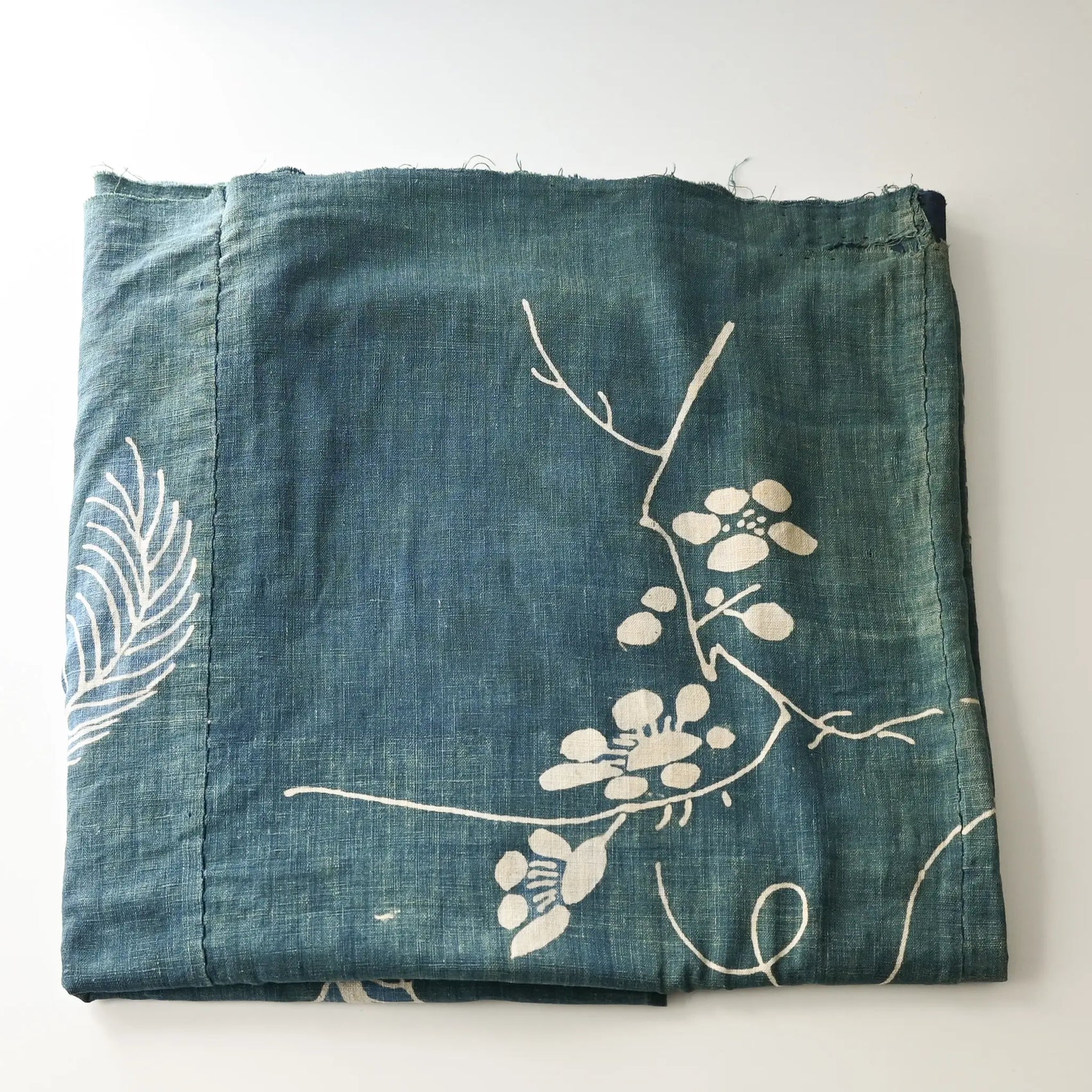Rare antique indigo tsutsugaki-dyed cotton futon cover with tea ceremony utensils motif.