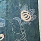 Detailed view of rare antique indigo tsutsugaki-dyed cotton futon cover with tea ceremony utensils motif. 