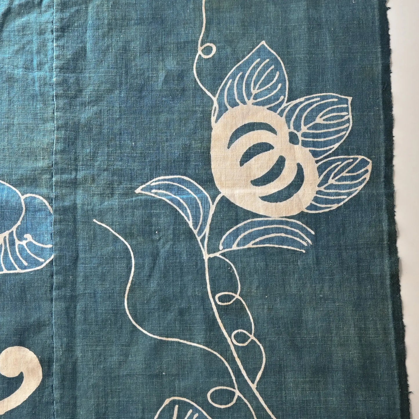 Detailed view of rare antique indigo tsutsugaki-dyed cotton futon cover with tea ceremony utensils motif. 