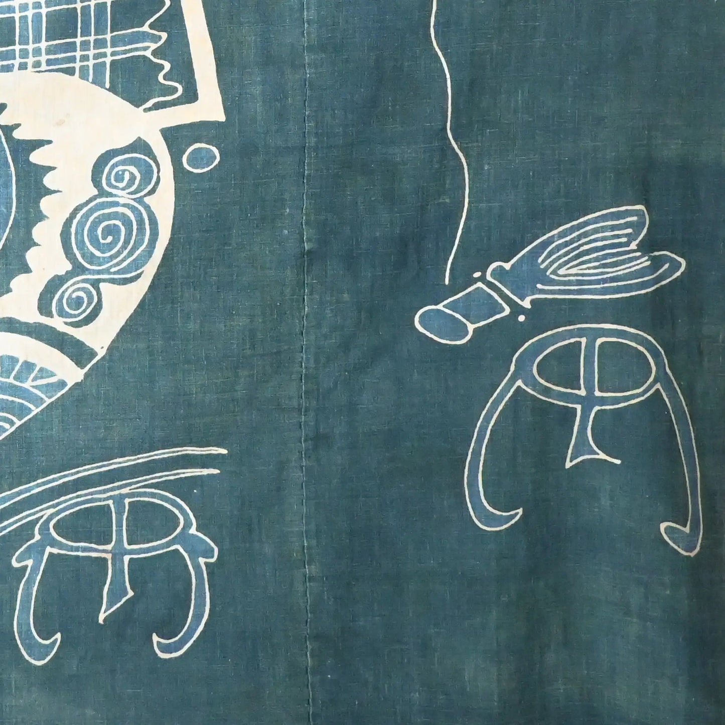 Detailed view of rare antique indigo tsutsugaki-dyed cotton futon cover with tea ceremony utensils motif. 