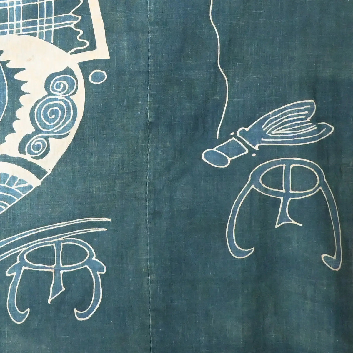 Detailed view of rare antique indigo tsutsugaki-dyed cotton futon cover with tea ceremony utensils motif. 