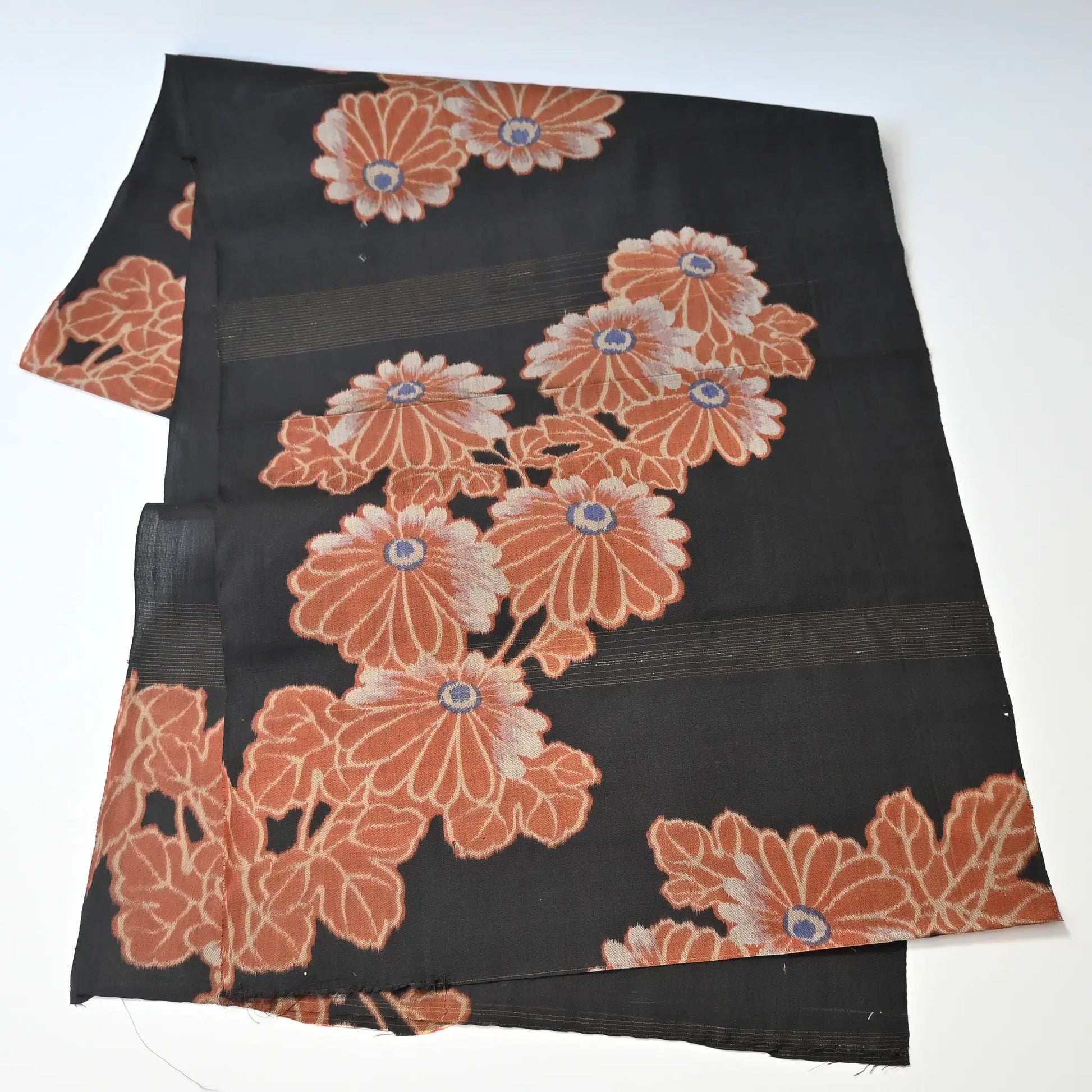 Full view of antique Japanese black lightweight fine silk kimono fabric with chrysanthemum motif.