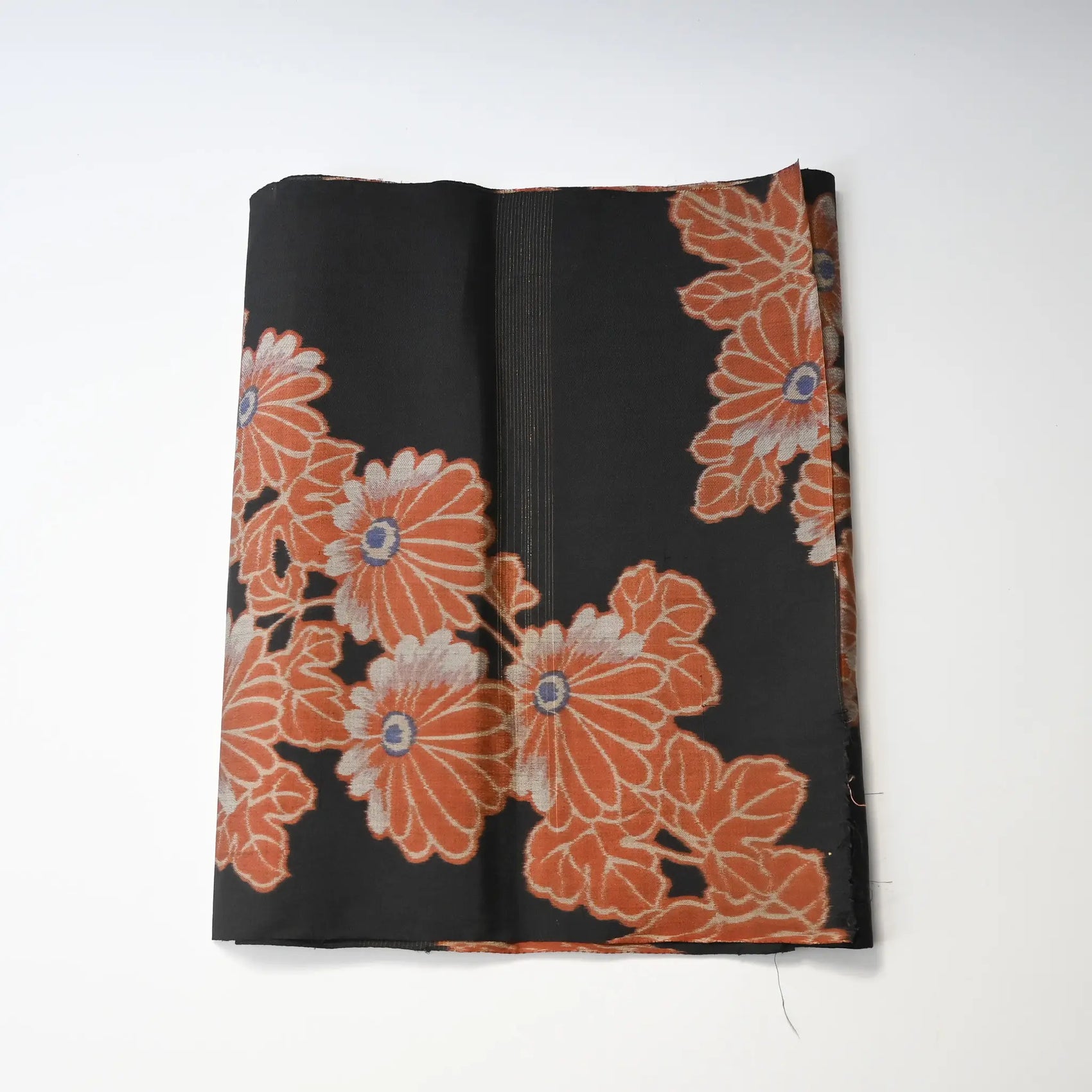 Antique Japanese black lightweight fine silk kimono fabric with chrysanthemum motif.