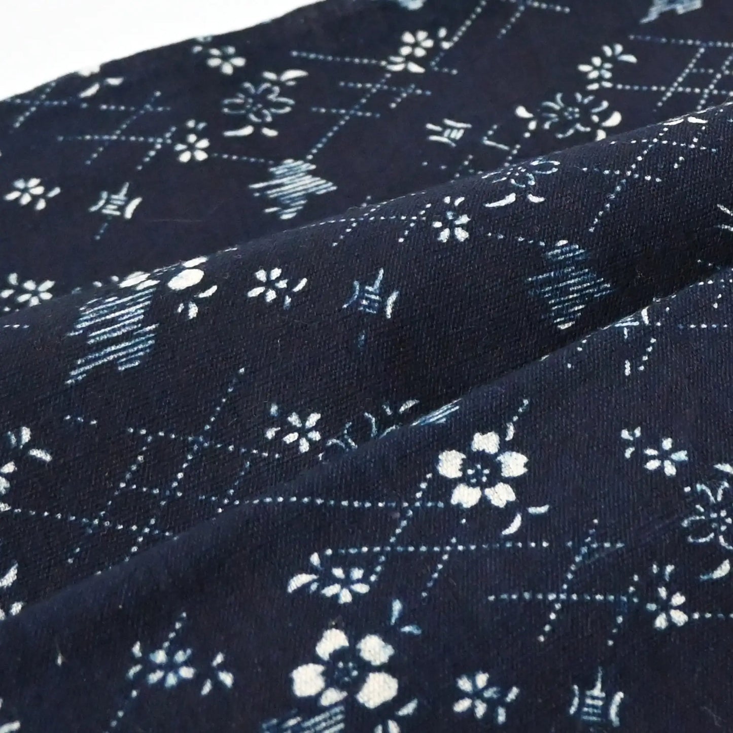 Detailed view of antique Japanese indigo Katazome cotton with intricate dots, lines and cherry blossoms from the early 20th century.