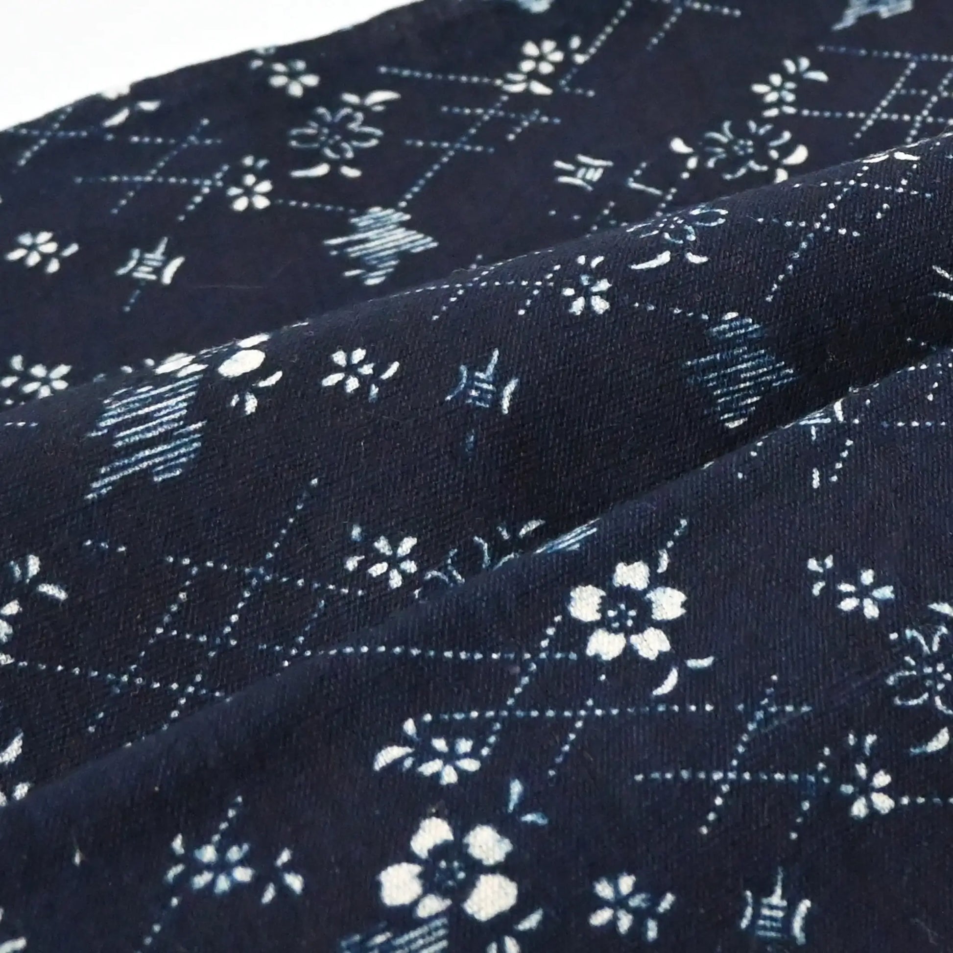Detailed view of antique Japanese indigo Katazome cotton with intricate dots, lines and cherry blossoms from the early 20th century.