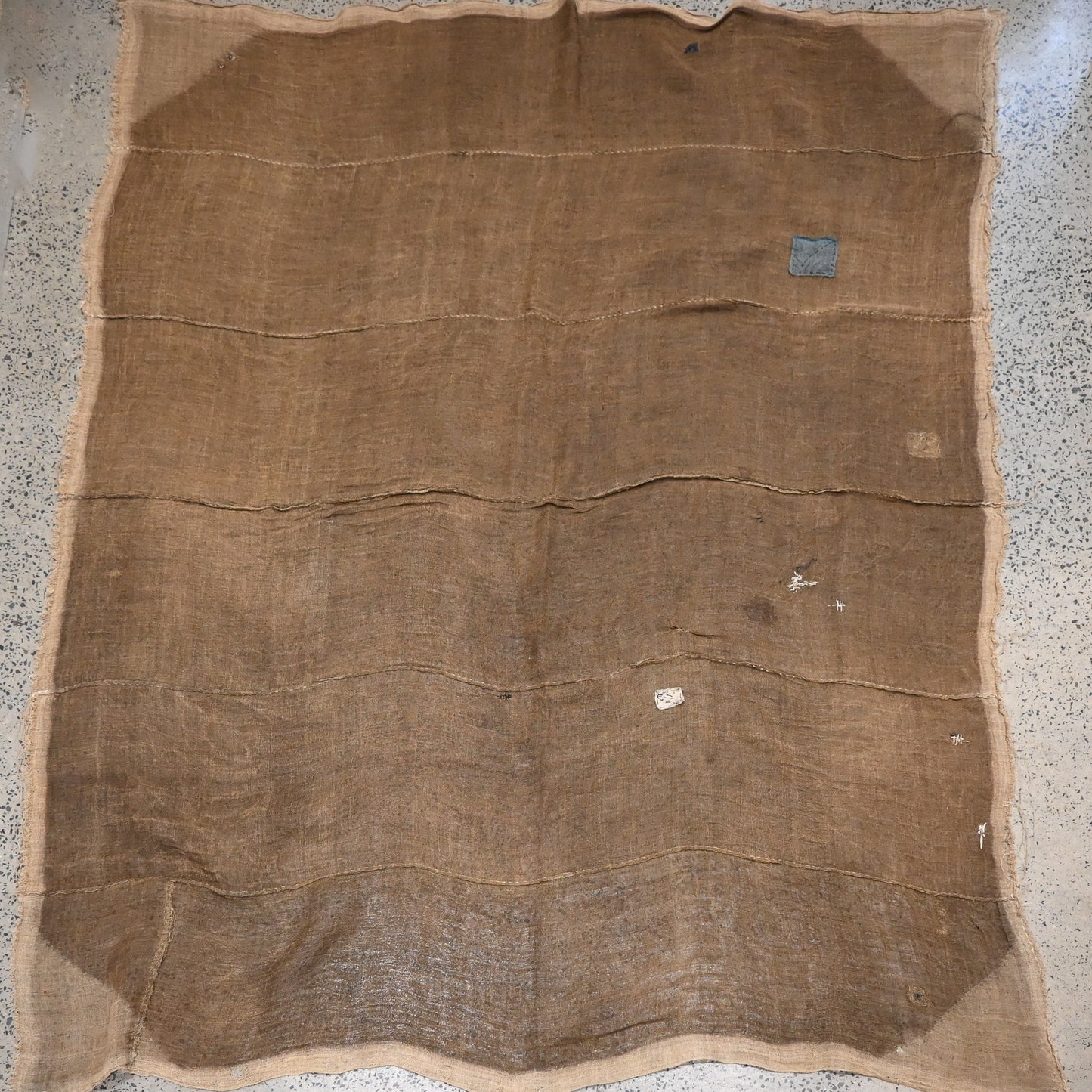 Full view of antique Japanese natural brown six-panel hemp mosquito net Kaya with beautiful mends.