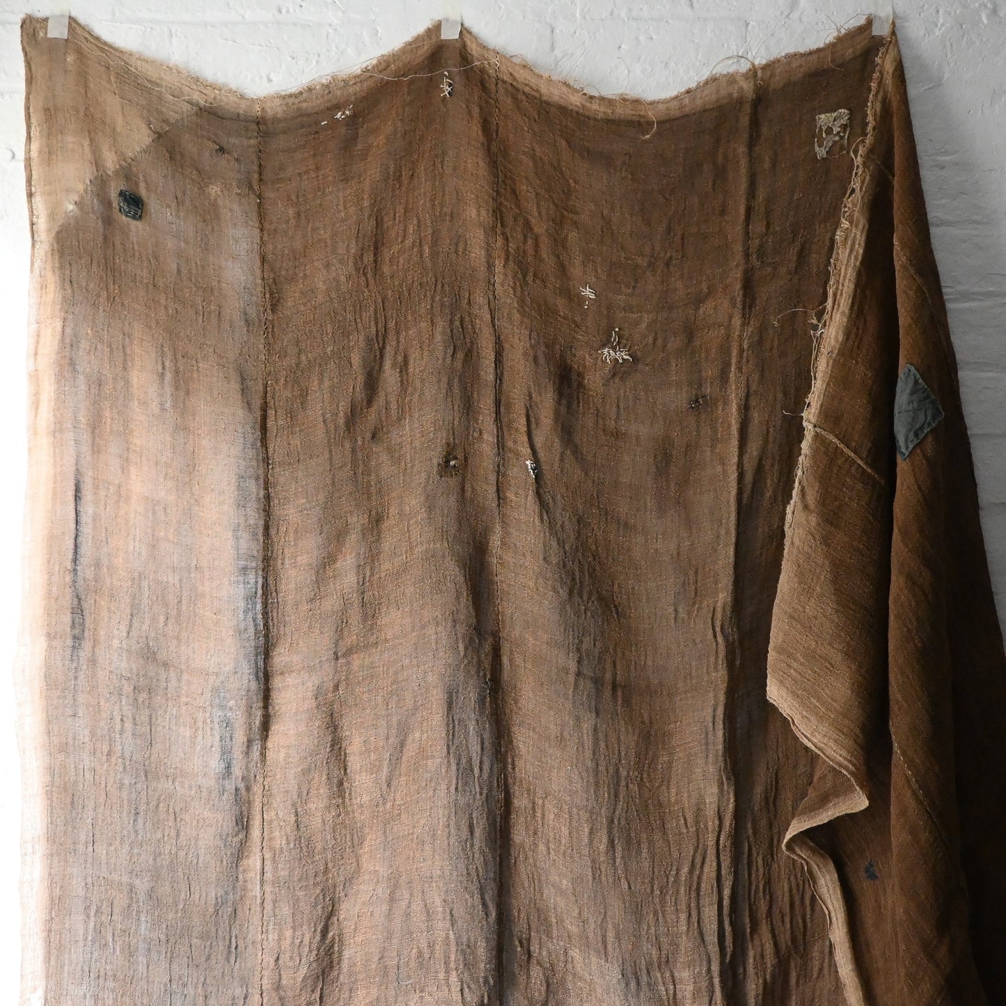 Antique Japanese natural brown six-panel hemp mosquito net Kaya with beautiful mends.