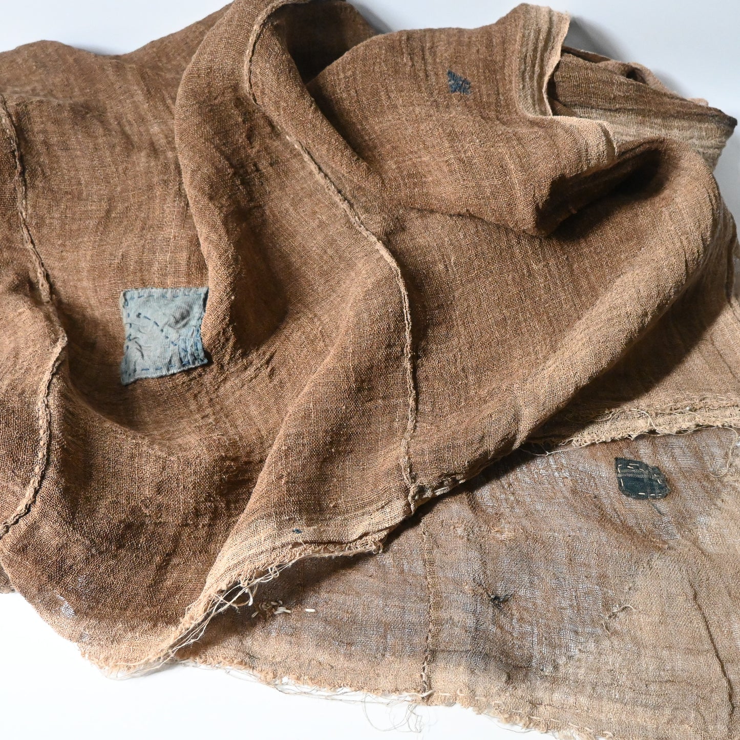 Antique Japanese natural brown six-panel hemp mosquito net Kaya with beautiful mends.