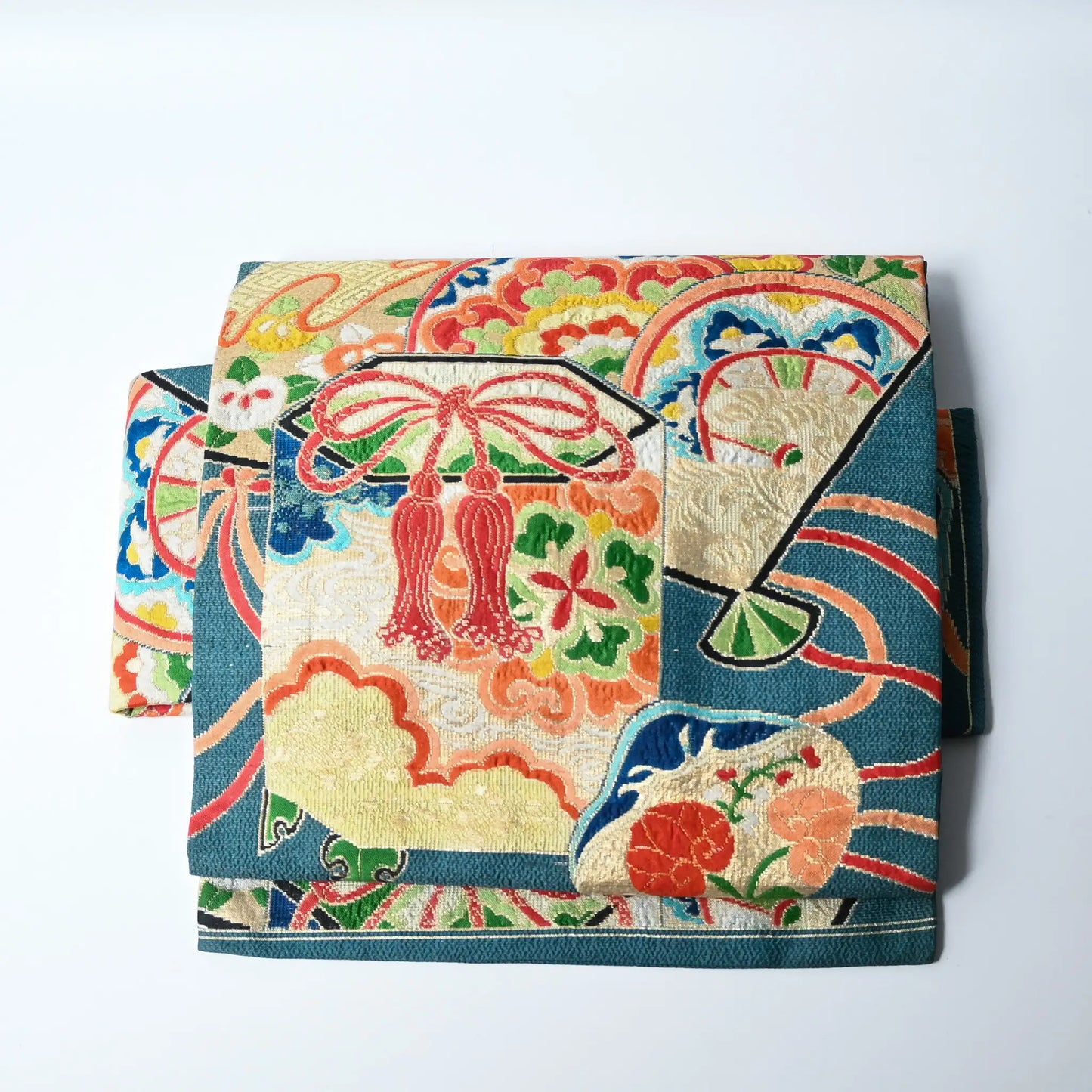 Antique Japanese women's teal blue Nagoya obi with gorgeous fan and Kaioke motif from 1930-40s.