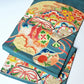 Antique Japanese women's teal blue Nagoya obi with gorgeous fan and Kaioke motif from 1930-40s.
