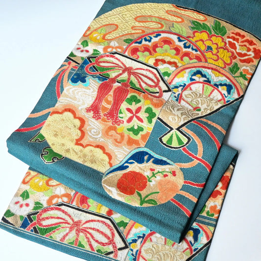 Antique Japanese women's teal blue Nagoya obi with gorgeous fan and Kaioke motif from 1930-40s.