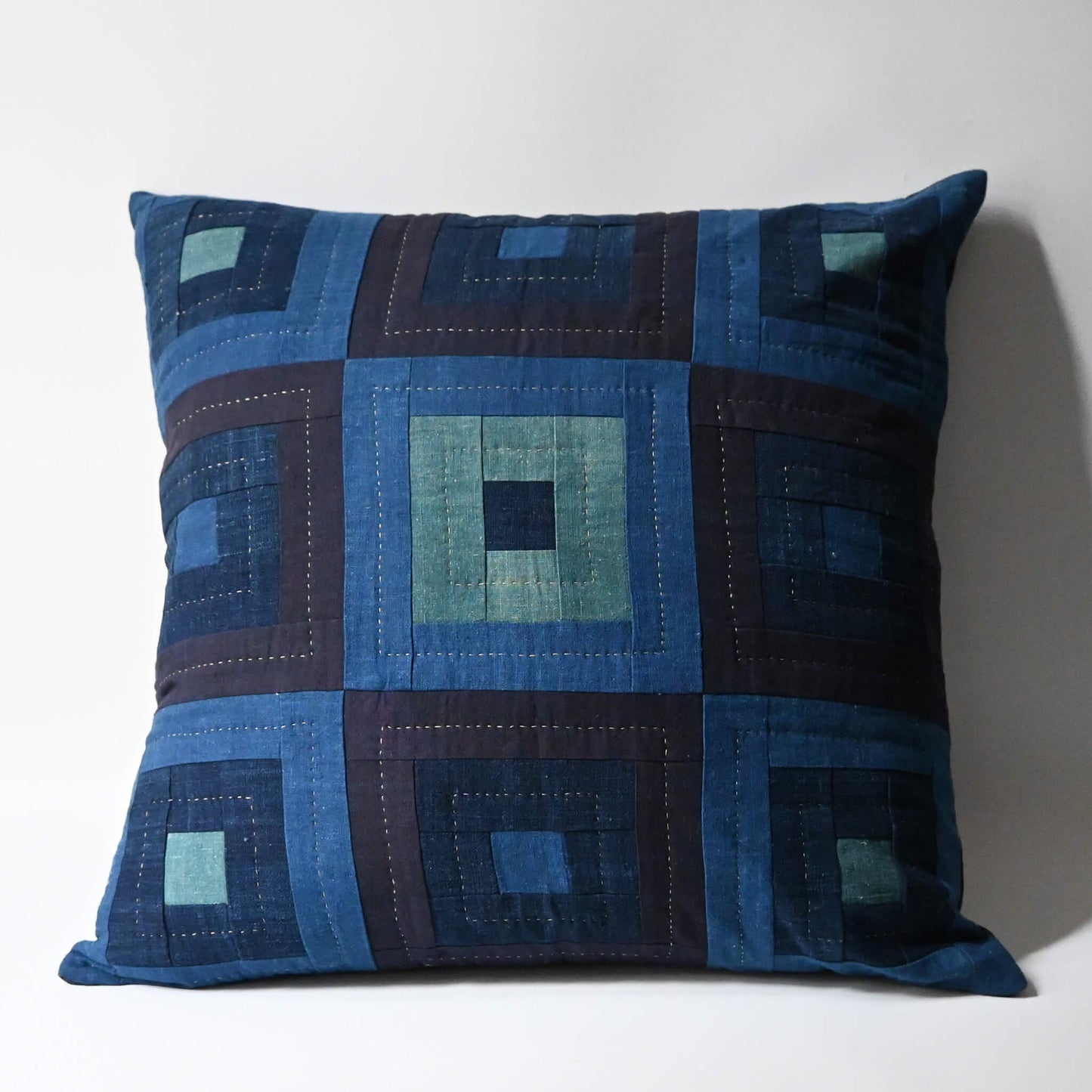 Handmade Indigo Log Cabin Patchwork Cushion Cover