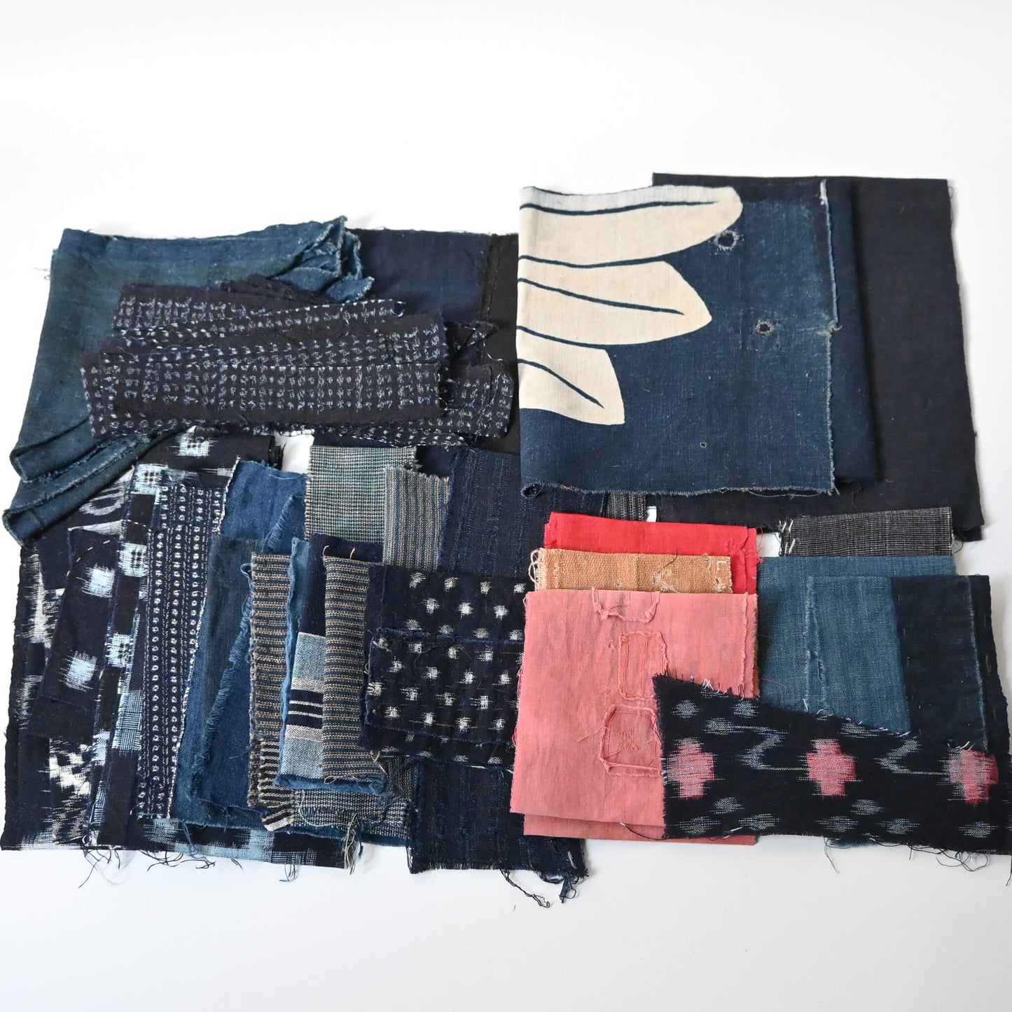 One-off vintage indigo cotton scrap bundle, including plain, kasuri and striped, ideal for slow stitching.