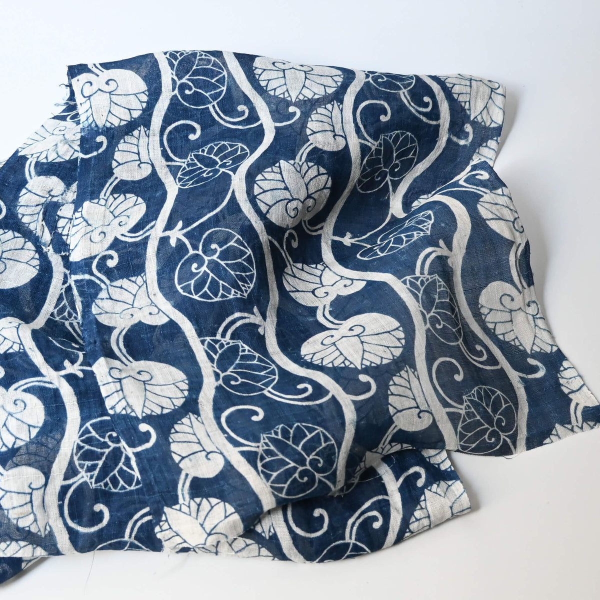 Antique indigo katazome dyed hemp futon cover panel from the early 20th century, Aoi leaves with Yoroke stripes.