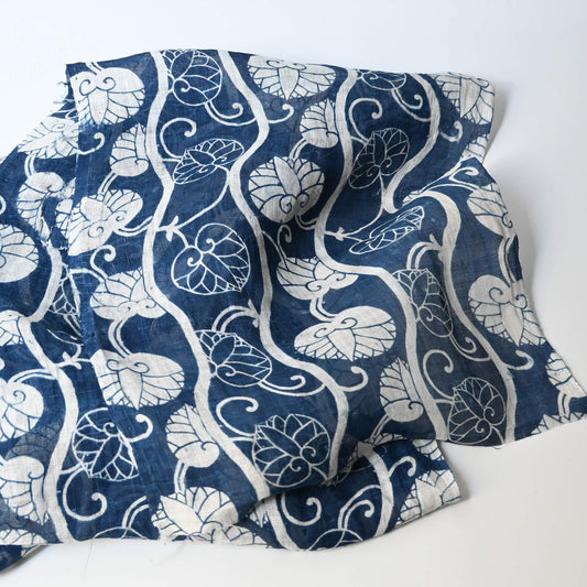 Antique indigo katazome dyed hemp futon cover panel from the early 20th century, Aoi leaves with Yoroke stripes.