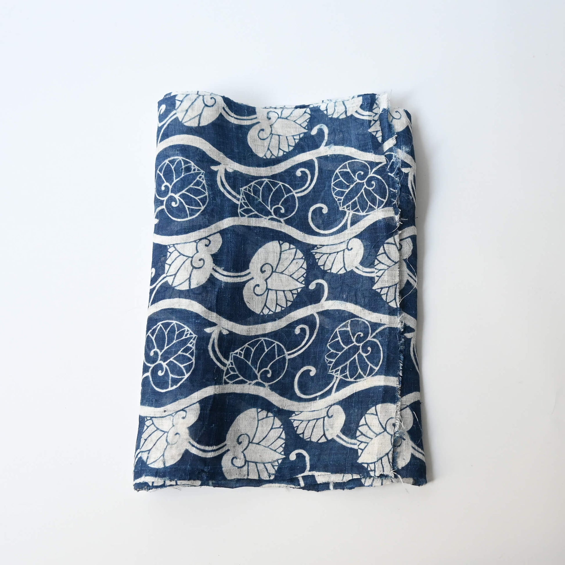 Antique indigo katazome dyed hemp futon cover panel from the early 20th century, Aoi leaves with Yoroke stripes.