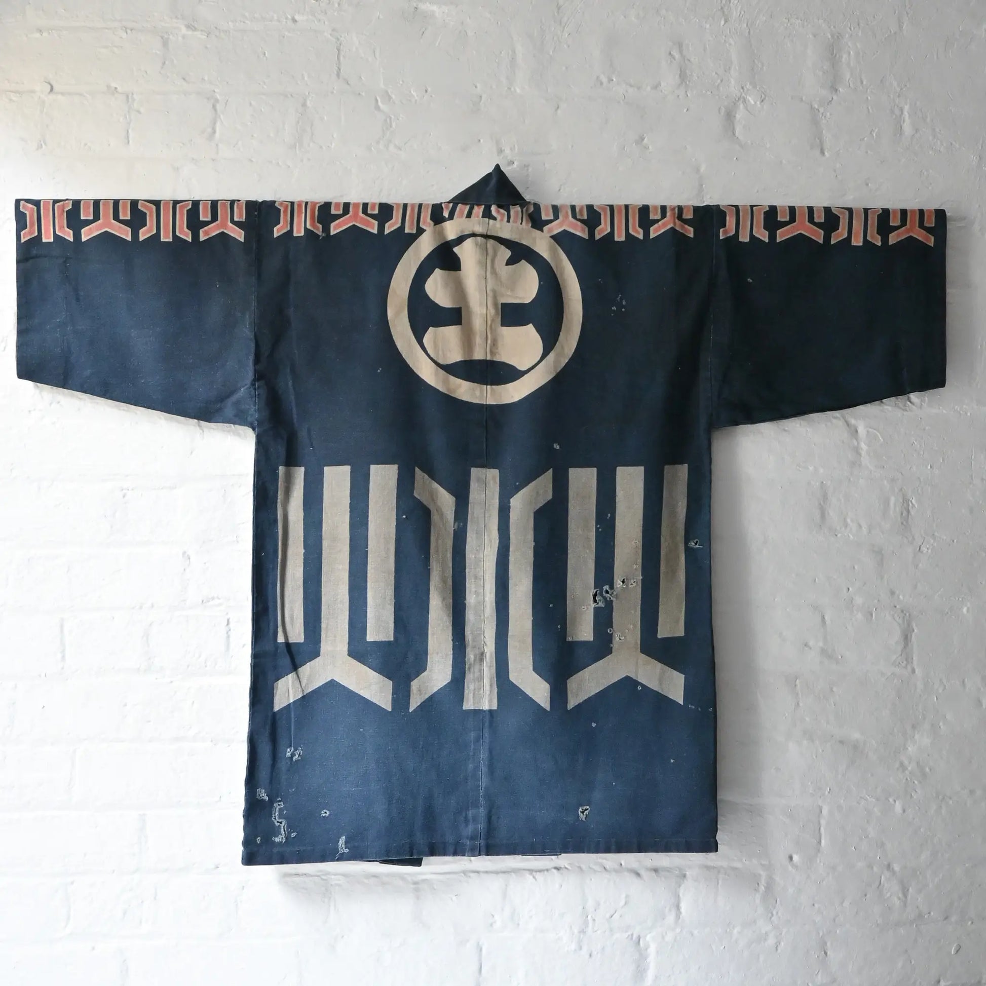 Rare vintage indigo cotton hanten, belonged to a local rescue organization that assisted people during floods and fires.