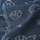 Detailed view of rare vintage indigo kasuri cotton with pictorial motifs,  including gourds, plum blossoms, and umbrellas.