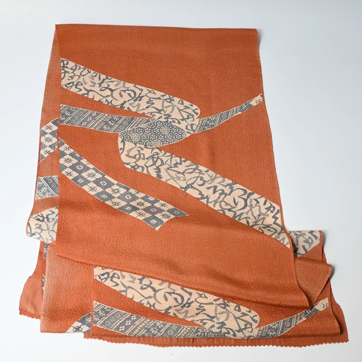 Recycled bunt orange silk crepe obiage, kimono dress accessory.