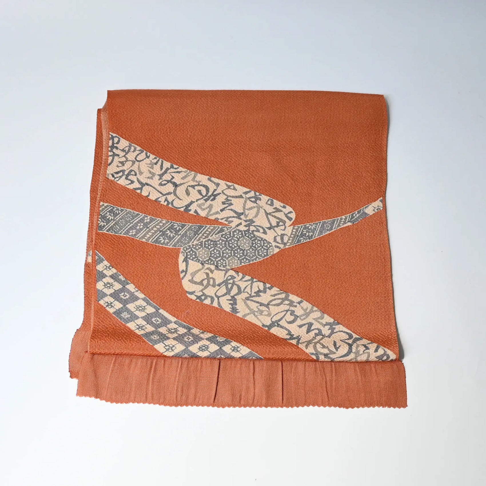 Recycled bunt orange silk crepe obiage, kimono dress accessory.