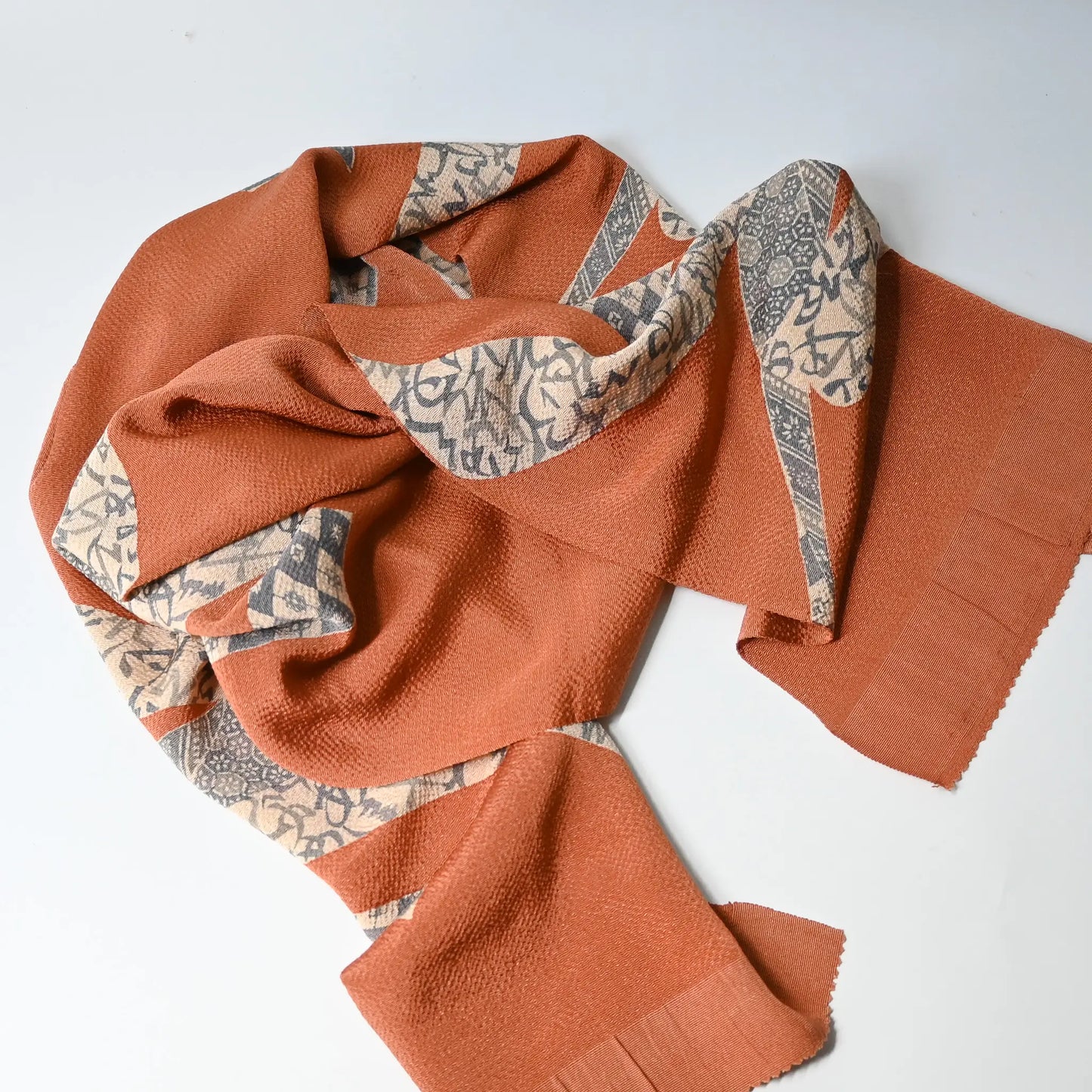 Recycled bunt orange silk crepe obiage, kimono dress accessory.