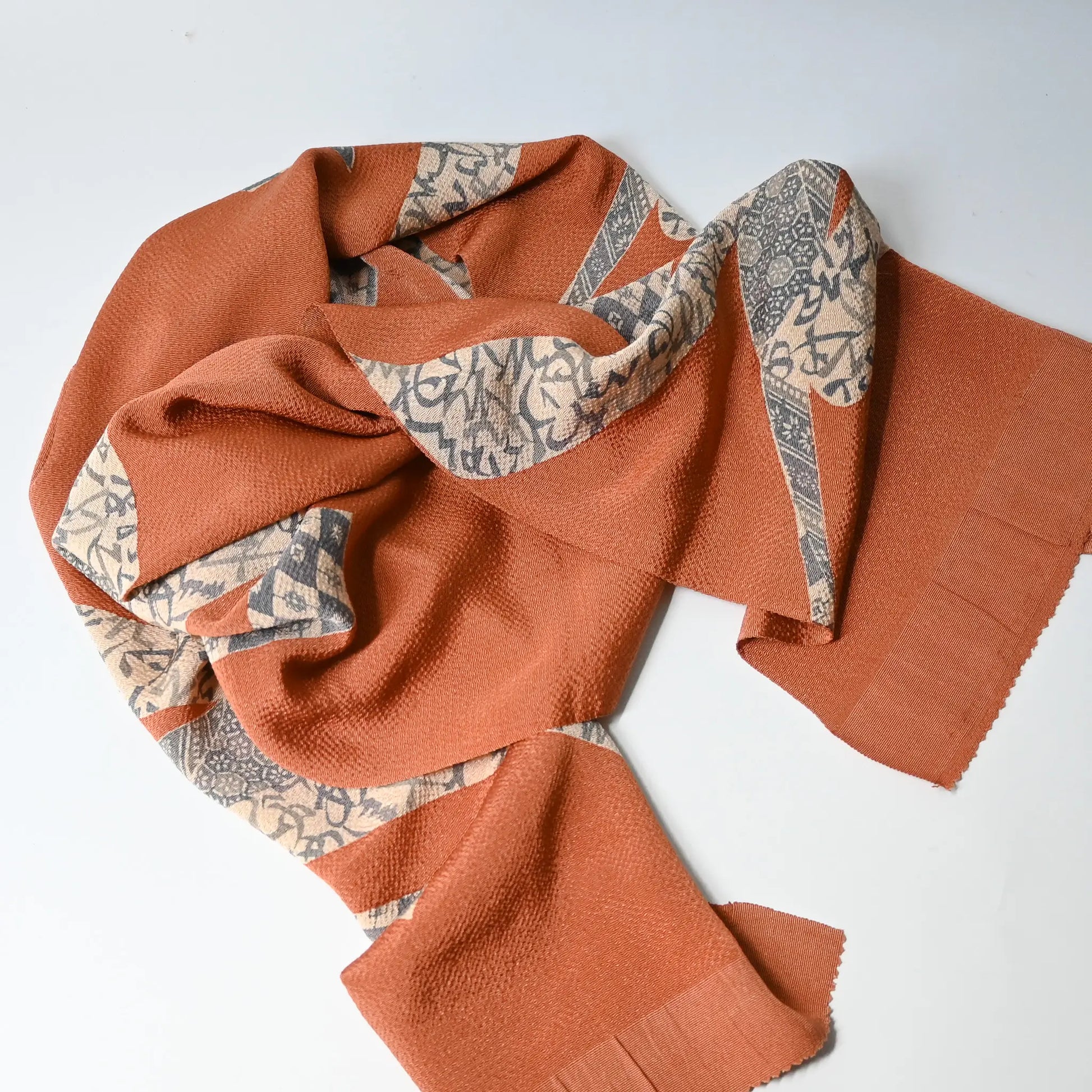 Recycled bunt orange silk crepe obiage, kimono dress accessory.