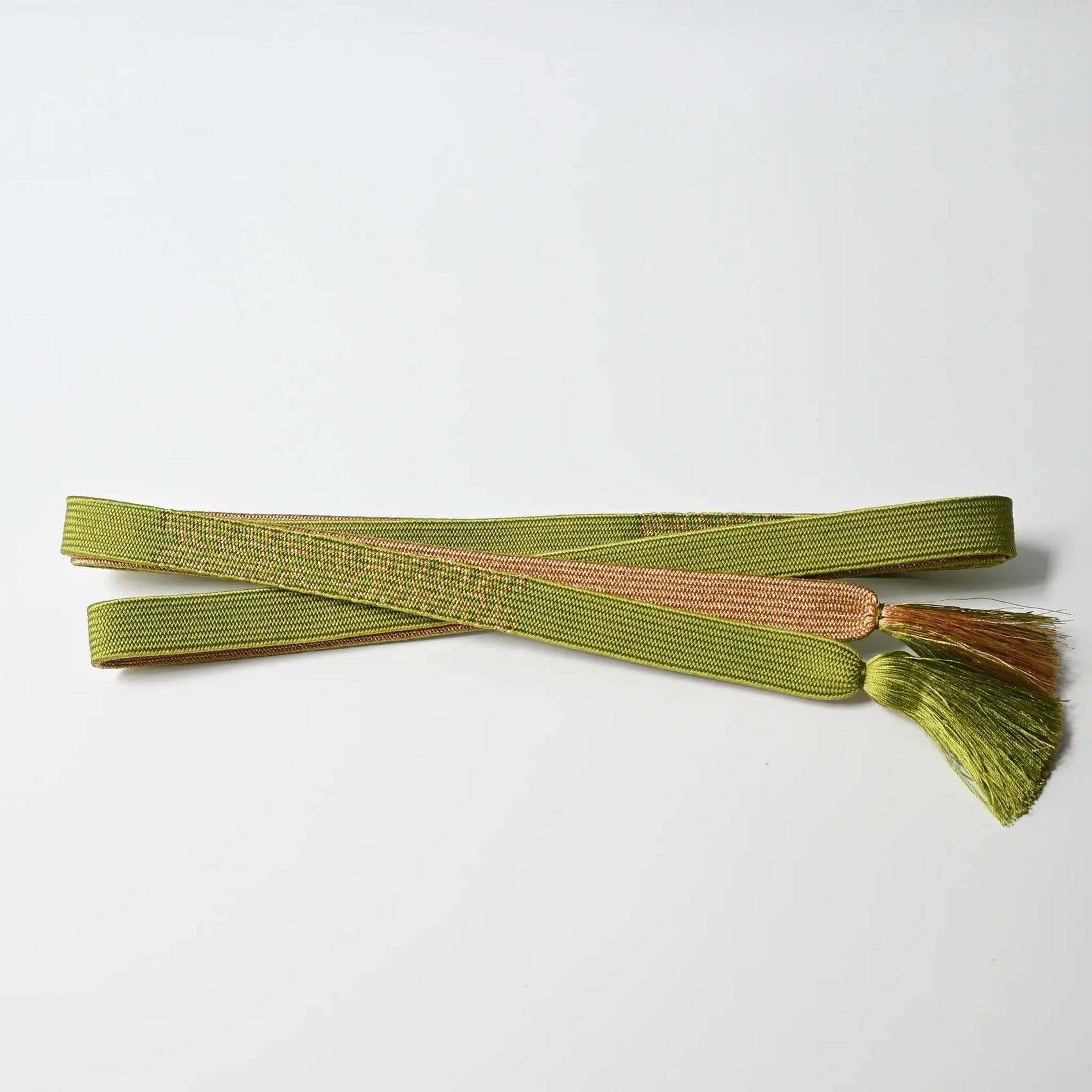Vintage/recycled women's kimono dress accessories, Obijime cord in matcha green and gold.