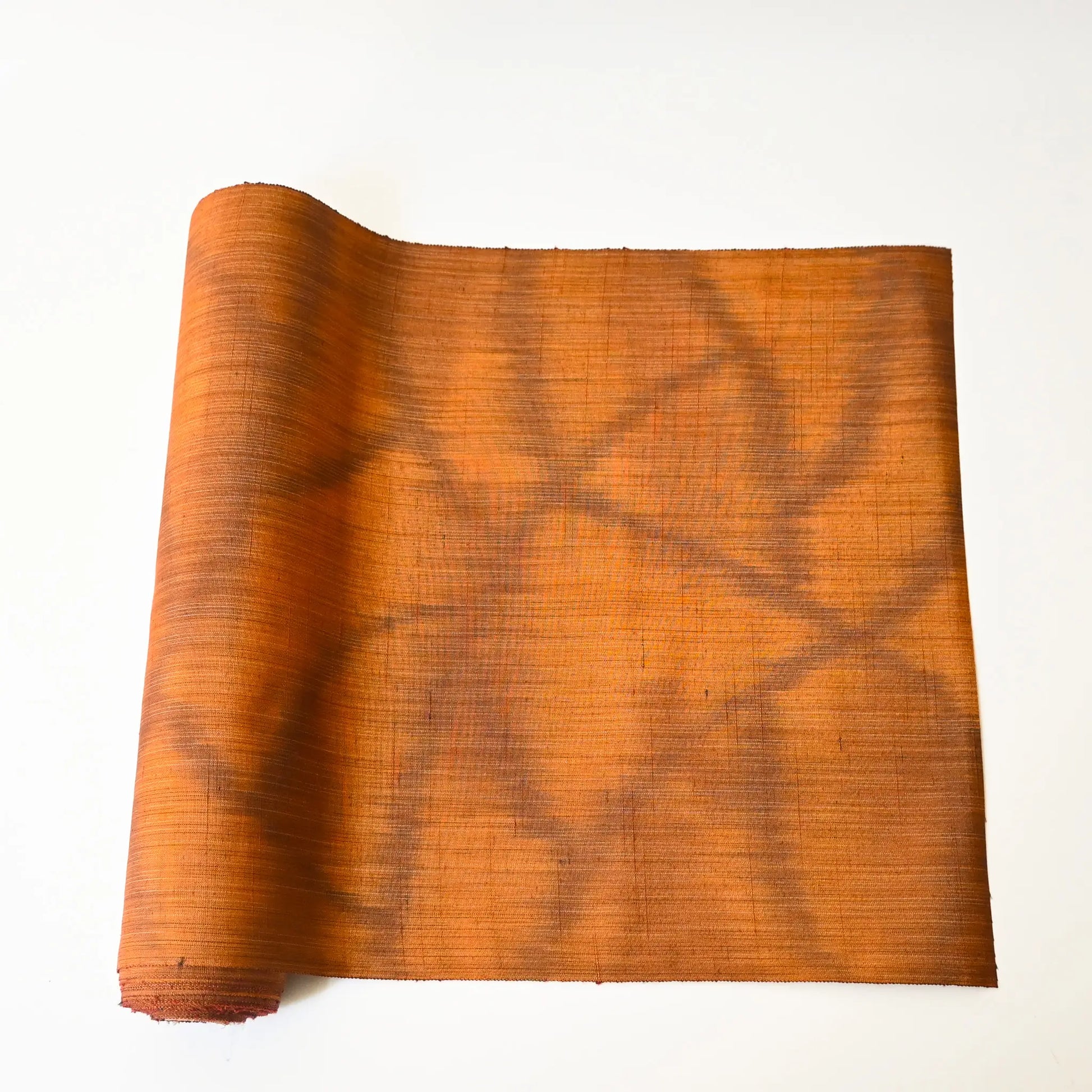 Vintage amber brown tsumugi silk kimono fabric with abstract pattern, sold by the metre.
