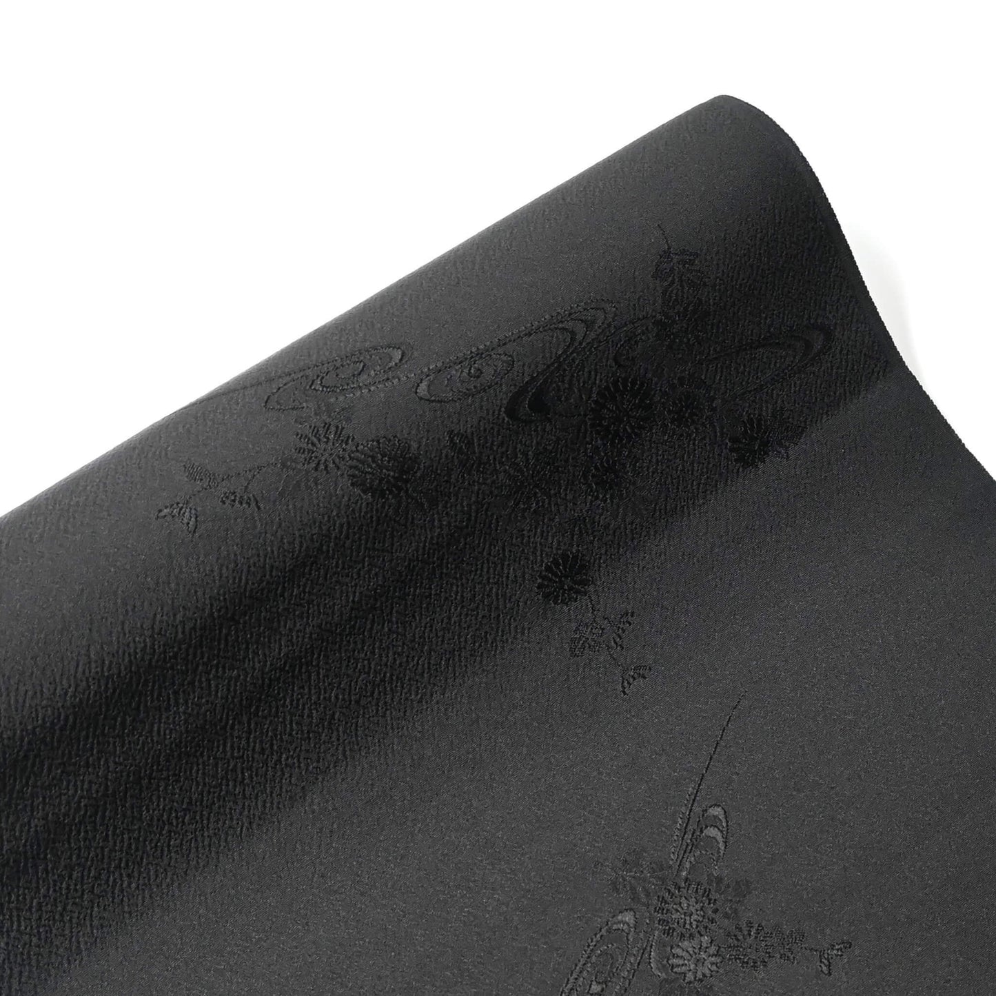 Vintage black silk jacquard kimono fabric with running water and chrysanthemum motifs, drape well.