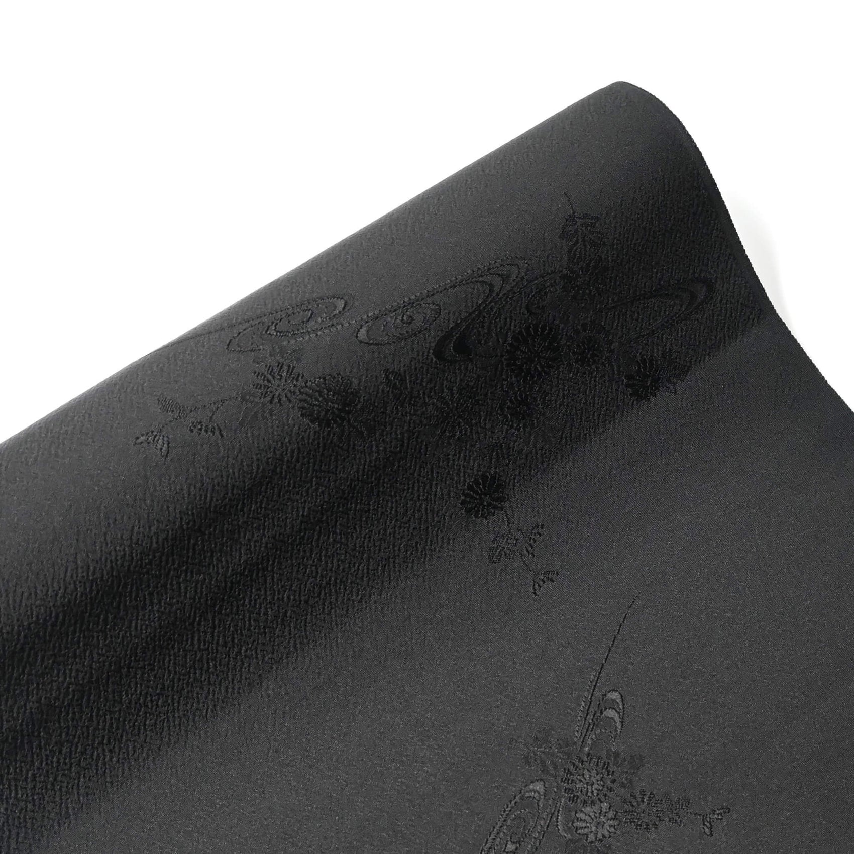 Vintage black silk jacquard kimono fabric with running water and chrysanthemum motifs, drape well.