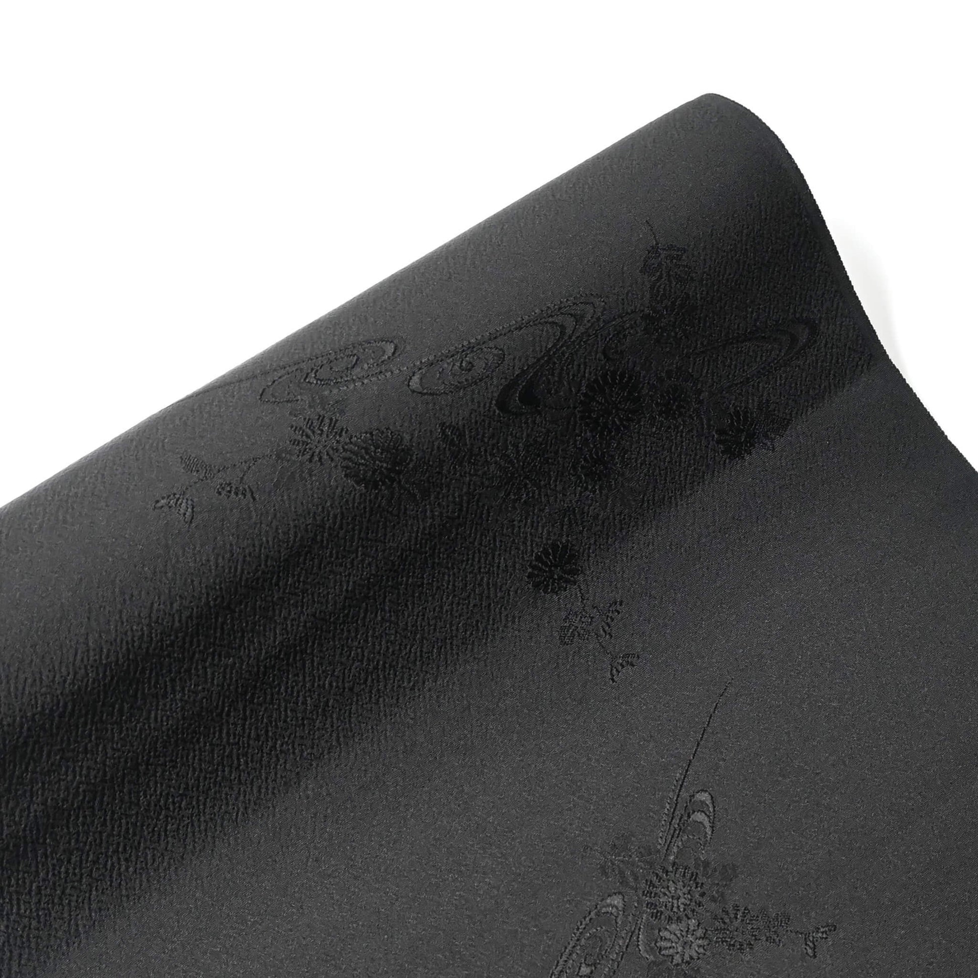 Vintage black silk jacquard kimono fabric with running water and chrysanthemum motifs, drape well.