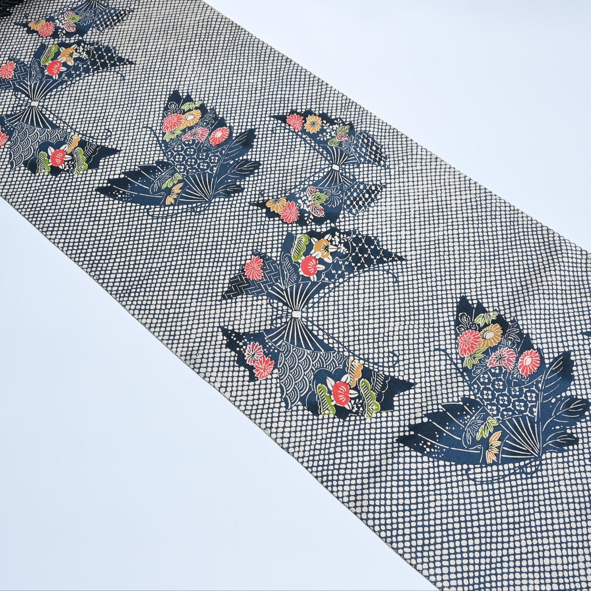 Full view of vintage blue silk crepe kimono fabric with butterfly in dusty blue.