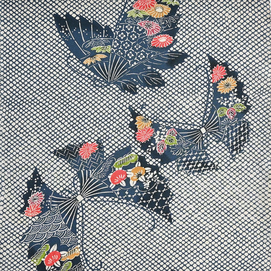 Vintage blue silk crepe kimono fabric with butterfly in dusty blue.