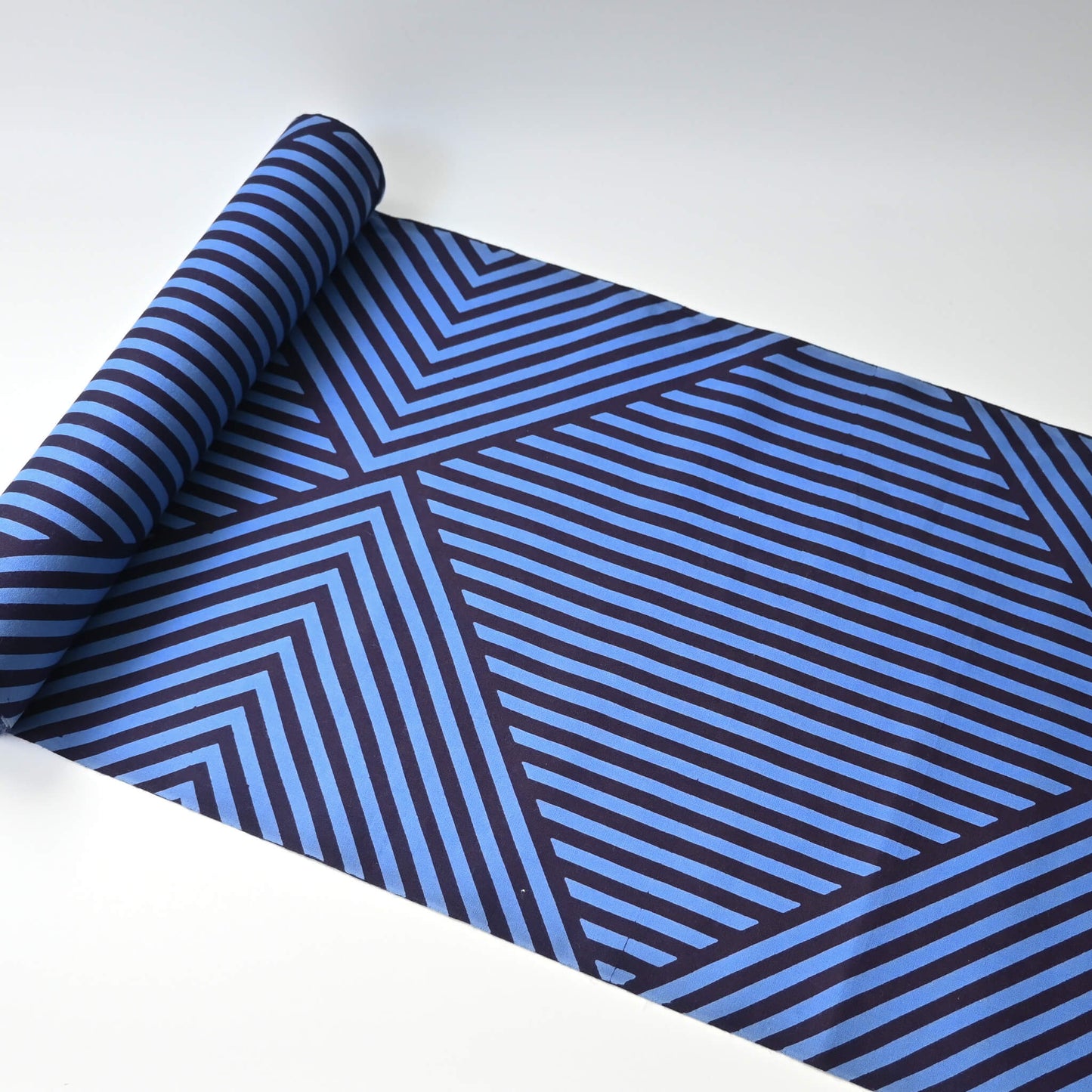 Vintage traditional Japanese men's yukata cotton fabric with bold geometric stripe pattern in bright blue and navy.